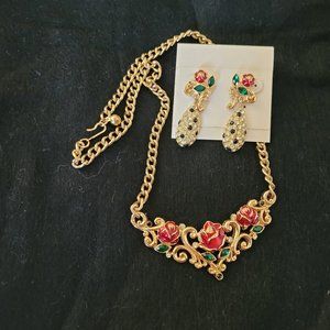 Gold tone and enamel necklace and drop earrings of Red Roses